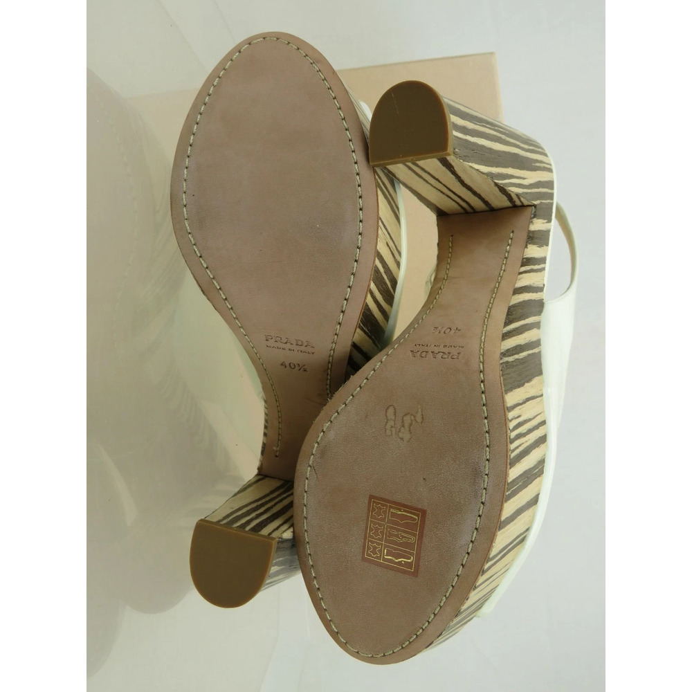 NIB PRADA 1Z647D WHITE PATENT LEATHER WOOD PLATFORM SANDALS PUMPS 40.5 ITALY - Picture 10 of 11